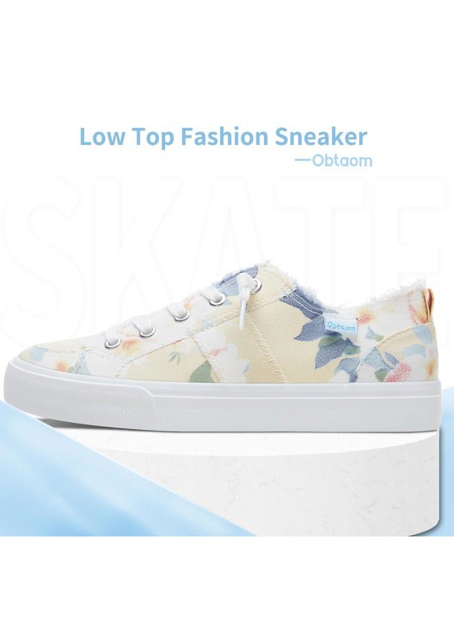 Obtaom Womens Floral Play Canvas Sneakers Cute Tie Dye Slip on Shoes Comfortable Multi Floral Print Canvas Sneakers for Fashion Lady(Yellow/Blue,US10) - Image 2