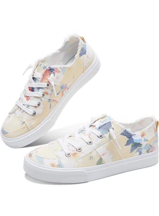 Obtaom Womens Floral Play Canvas Sneakers Cute Tie Dye Slip on Shoes Comfortable Multi Floral Print Canvas Sneakers for Fashion Lady(Yellow/Blue,US10) - Image 1