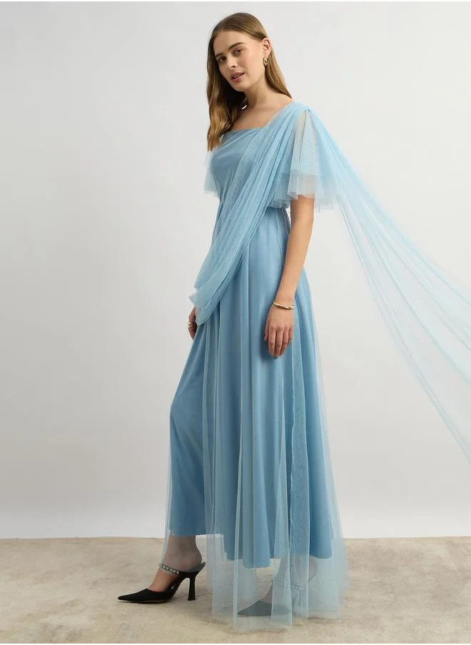 Styli Mesh Layered Sleeve Square Neck A-Line Maxi Dress