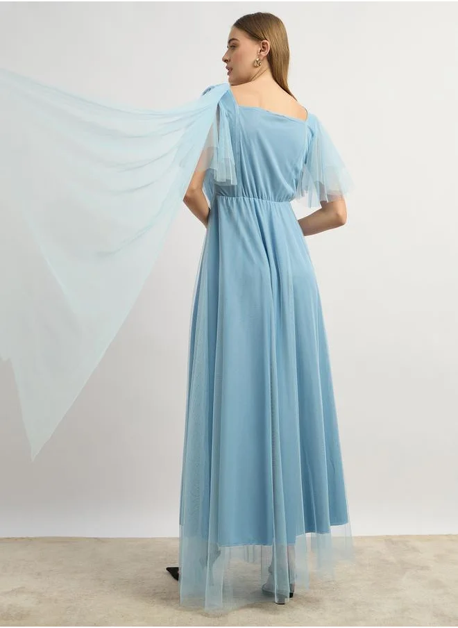 Styli Mesh Layered Sleeve Square Neck A-Line Maxi Dress