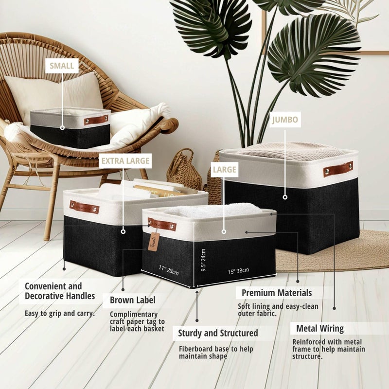 DECOMOMO Storage Baskets for Shelves - Fabric Storage Bins, Linen Closet Organizers and Storage (Black & White, XL - 3 Pack) - Image 4