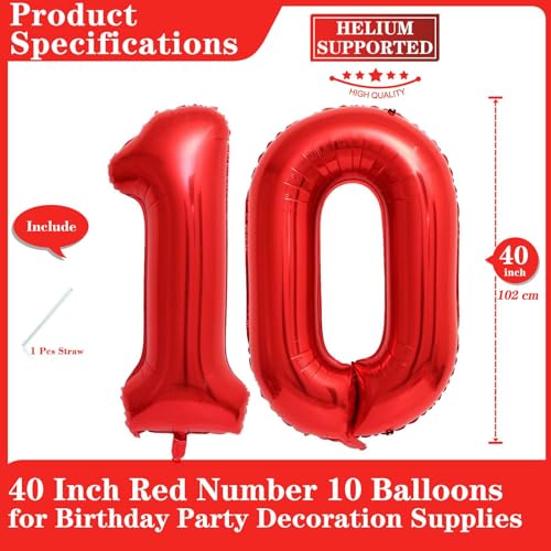 Lovoir Red 10 Number Balloons 40 Inch Giant Number 10 Balloons Foil Mylar Helium Red Number Balloons for 10th Birthday Party Supplies Anniversary Event Celebration Decorations - Image 5