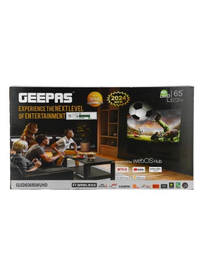 GEEPAS - Geepas 65" Ultra HD LED TV- GLED6569SWUHD/ Gaming Supported, User Friendly with Voice Assistant/ with Remote Control, HDMI and USB Ports/ Bluetooth, App Store, Apple AirPlay/ Slim Design - Image 1