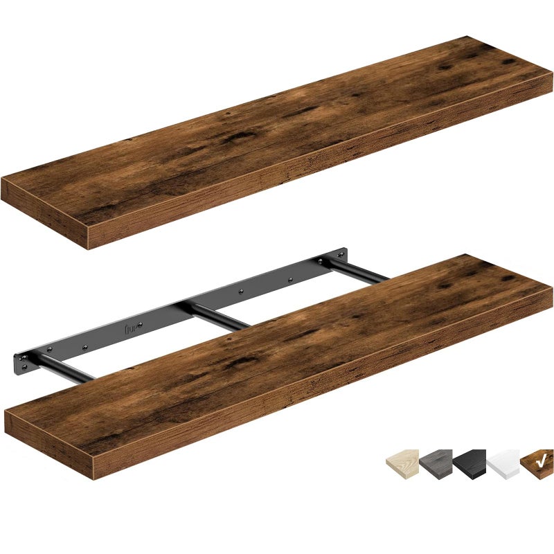 QEEIG Floating Shelves for Wall 35.4" Long - Wall Mounted Shelf Bathroom Kitchen Living Room Bedroom Farmhouse Home Decor Display Bookshelf Large 35.4 x 9.3 inch Set of 2, Rustic Brown (008-90BN) - Image 1