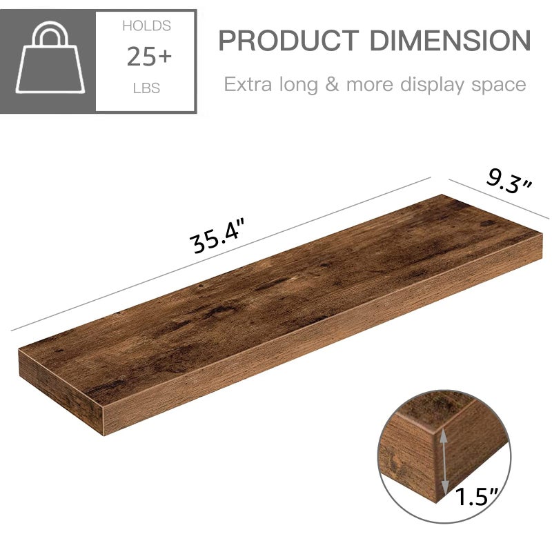 QEEIG Floating Shelves for Wall 35.4" Long - Wall Mounted Shelf Bathroom Kitchen Living Room Bedroom Farmhouse Home Decor Display Bookshelf Large 35.4 x 9.3 inch Set of 2, Rustic Brown (008-90BN) - Image 3