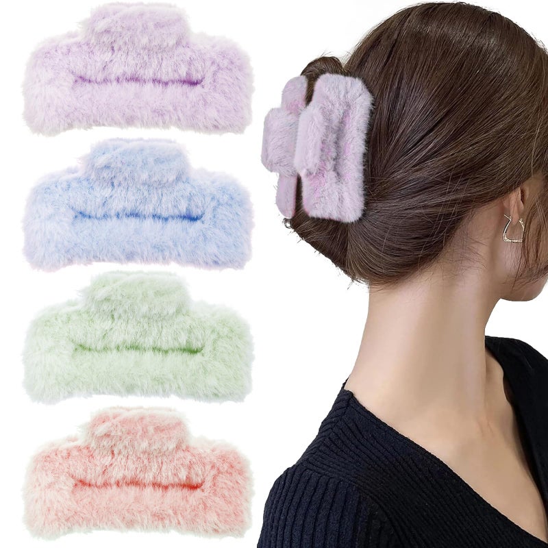4 PACK Large Hair Claw Clips Faux Fur Plush Hair Catch Barrette Jaw Clamp Cute Square Furry Claw Clips for Thick Curly Hair Catch Accesories for Women and Girls