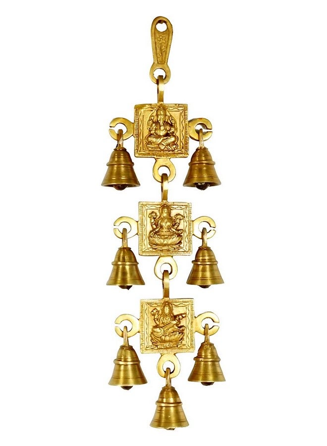 CRAFTHUT Lakshmi, Ganesh and Saraswati Brass Wall Hanging (13 x 4 inch, Gold) Decorative Piece for Home, Door Gate, Temple, Entry Gate, Jhumar Piece with Bells - Image 1