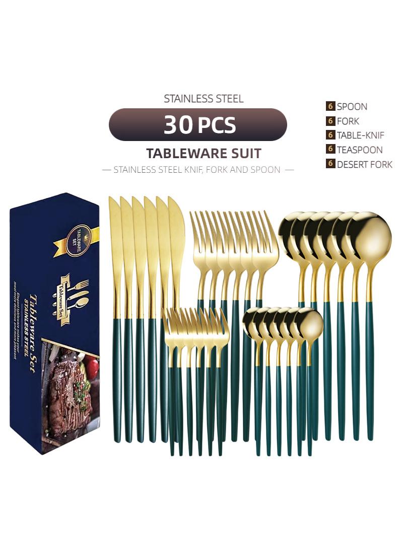 general 30-Piece Knife Fork Spoon Full Set Gold/Green - Image 1