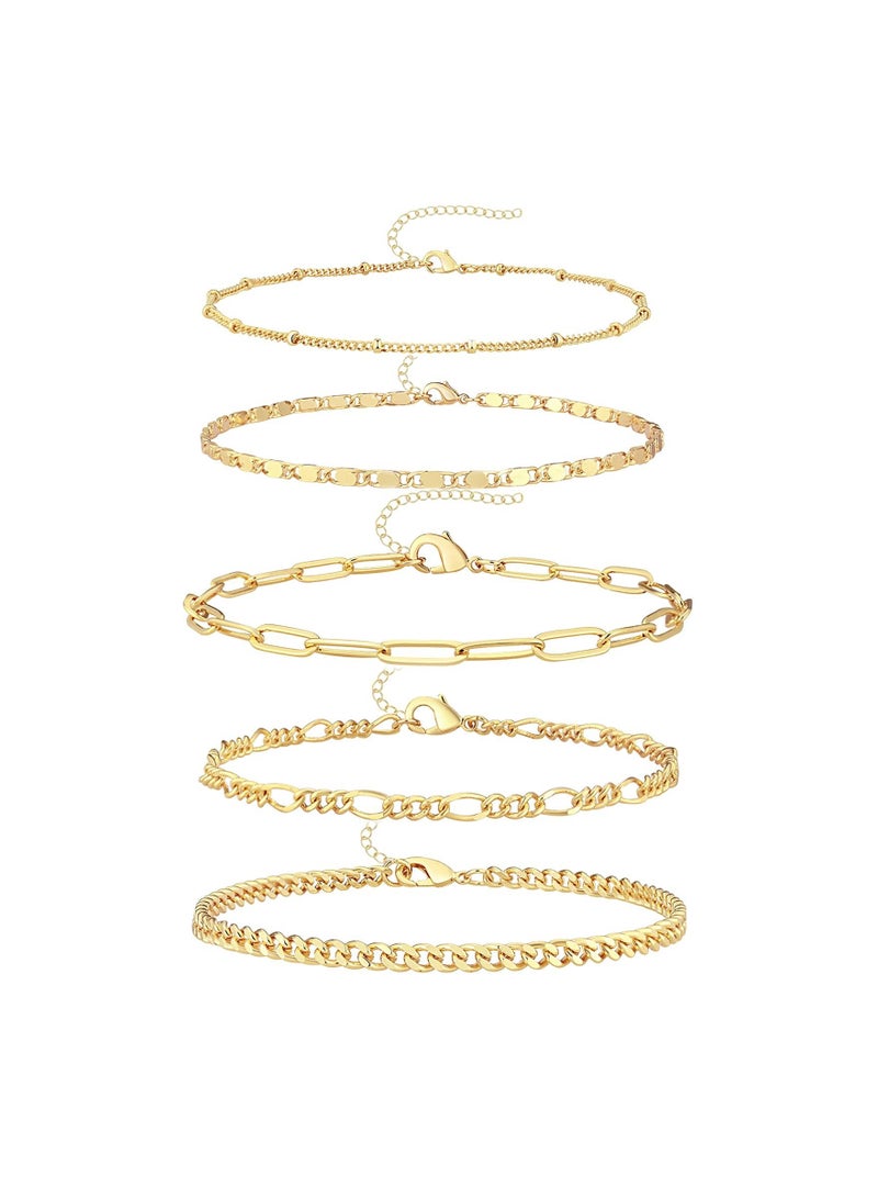KASTWAVE 5Pcs Gold Ankle Bracelets Set 14k Real Gold Waterproof Layered Figaro Chain Beach Anklet Bracelet Dainty Gold Jewelry for Women or Teen Girls Gift - Image 1