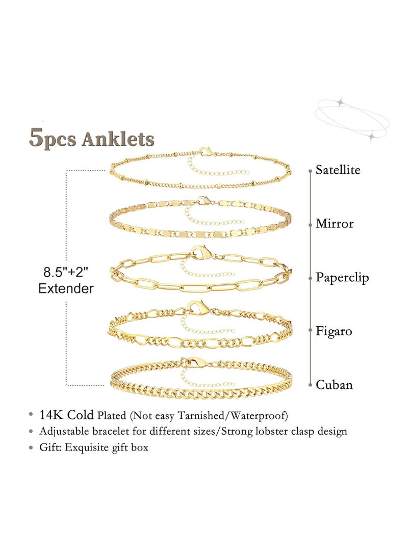 KASTWAVE 5Pcs Gold Ankle Bracelets Set 14k Real Gold Waterproof Layered Figaro Chain Beach Anklet Bracelet Dainty Gold Jewelry for Women or Teen Girls Gift - Image 2