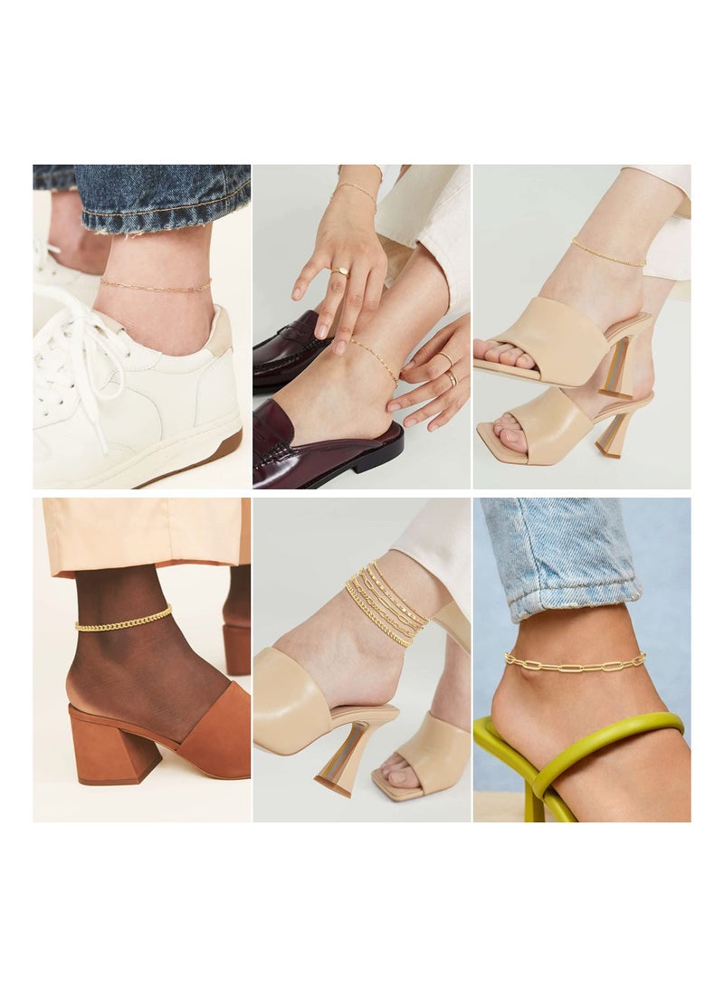 KASTWAVE 5Pcs Gold Ankle Bracelets Set 14k Real Gold Waterproof Layered Figaro Chain Beach Anklet Bracelet Dainty Gold Jewelry for Women or Teen Girls Gift - Image 5