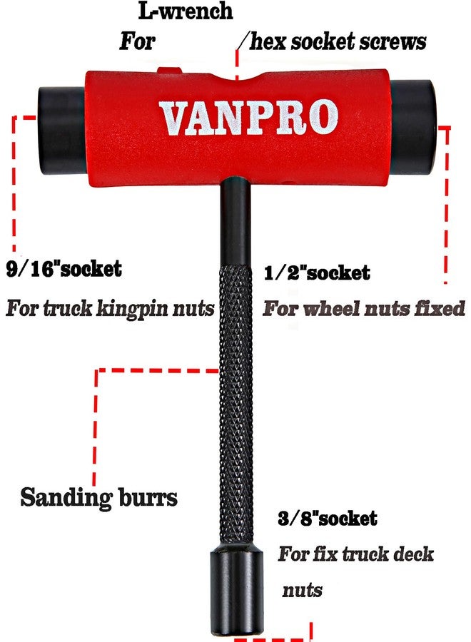 Vanpro All-In-One Skate Tools Multi-function Portable Skateboard T Tool Accessory with T-type Allen Key and L-type Phillips Head Wrench Screwdriver(Snow Upgrade-Red Pack of 1) - Image 2