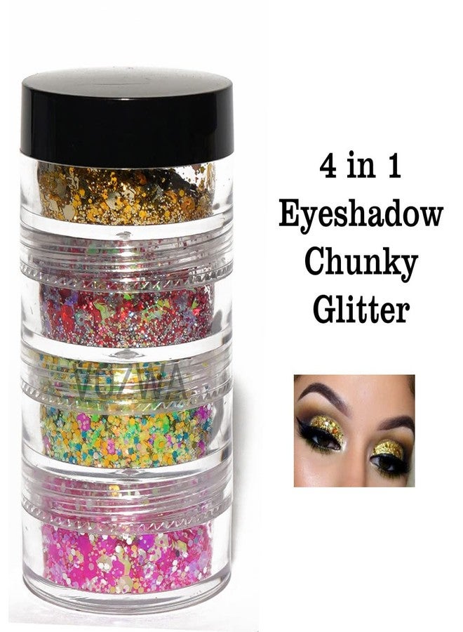 Vozwa 4 in 1 Eyeshadow Chunky and Fine Glitter Mix - (Golden + Red + Green + Pink) - Image 5