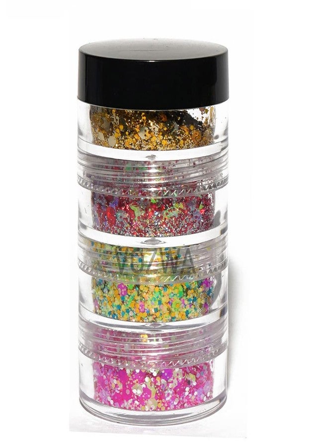 Vozwa 4 in 1 Eyeshadow Chunky and Fine Glitter Mix - (Golden + Red + Green + Pink) - Image 1