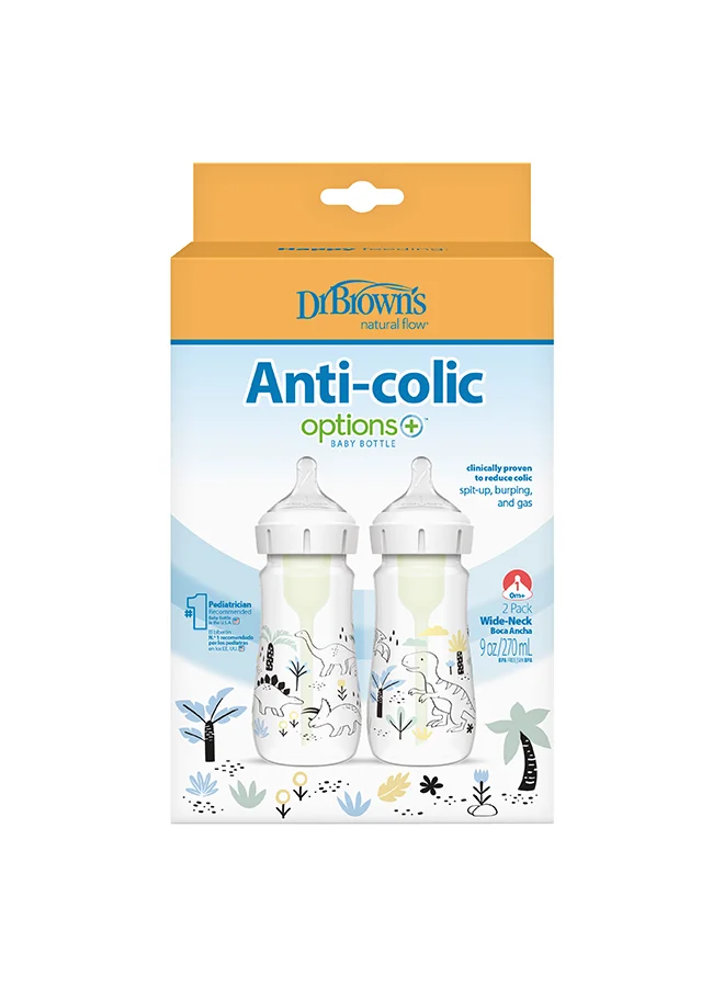 دكتور براونز 9 oz/270 mL PP W-N Anti-Colic Options+ Baby Bottle, Multi Dinosaurs, 2-Pack