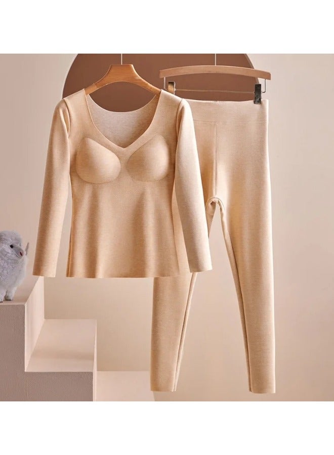 GGEROU ملابس داخلية حرارية نسائية شتوية بأكمام طويلة قميص سفلي بدون seams سميك بطبقتين دافئ طقم بيجامة نسائية 2 قطعة بيج - Image 1