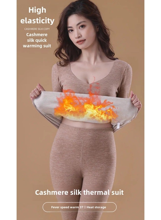 GGEROU ملابس داخلية حرارية نسائية شتوية بأكمام طويلة قميص سفلي بدون seams سميك بطبقتين دافئ طقم بيجامة نسائية 2 قطعة بيج - Image 2