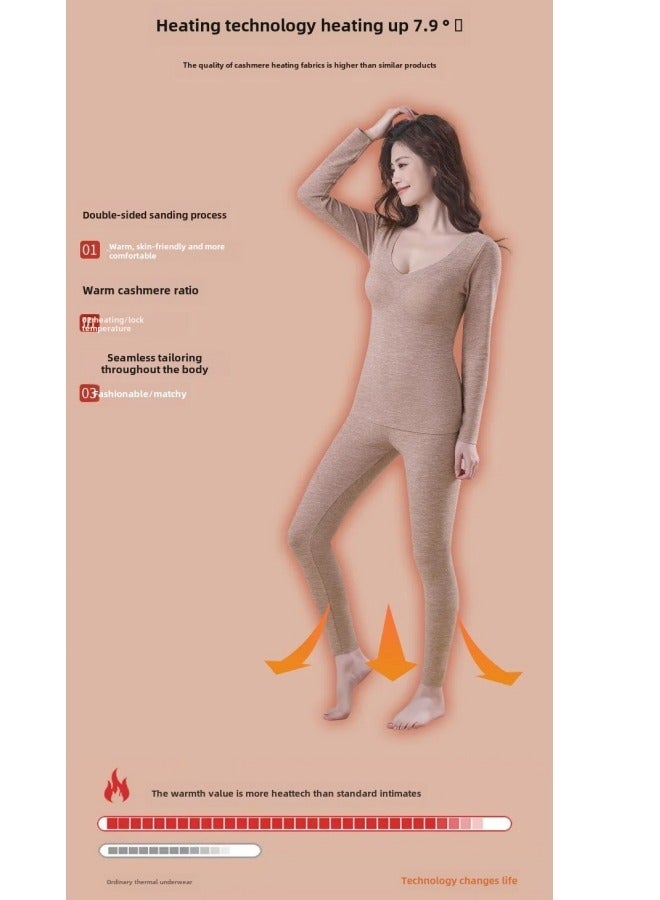GGEROU ملابس داخلية حرارية نسائية شتوية بأكمام طويلة قميص سفلي بدون seams سميك بطبقتين دافئ طقم بيجامة نسائية 2 قطعة بيج - Image 5