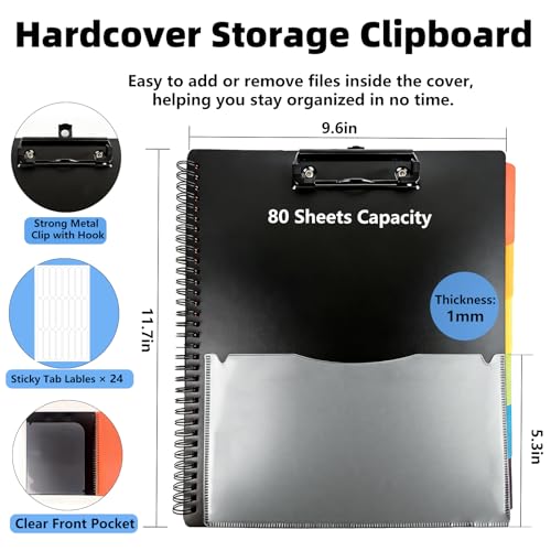 Binditek Plastic Clipboard Folio Folders, 6-Color Dividers with 1/6-Cut Tabs, 12-Pocket Project Organizer, Inner Zipper Pouch, Hardcover Storage Clipboard, Letter-Size, with Sticky Tab Lables, 1 Pack - Image 2