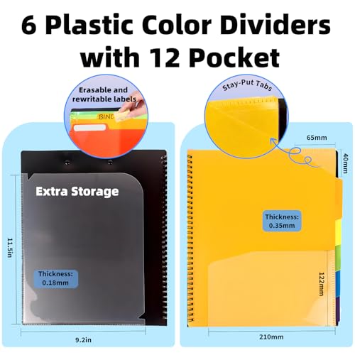 Binditek Plastic Clipboard Folio Folders, 6-Color Dividers with 1/6-Cut Tabs, 12-Pocket Project Organizer, Inner Zipper Pouch, Hardcover Storage Clipboard, Letter-Size, with Sticky Tab Lables, 1 Pack - Image 3
