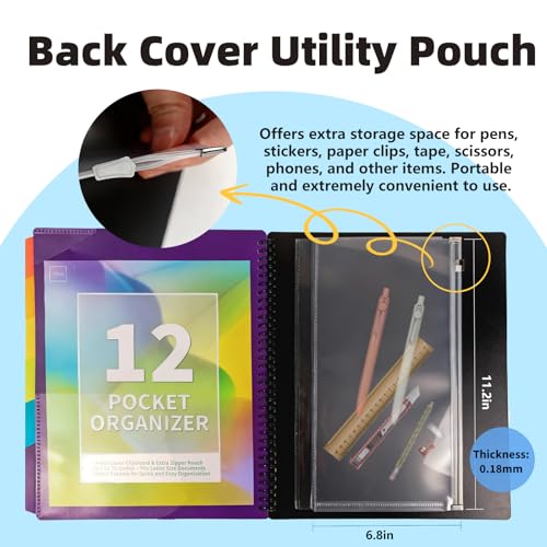 Binditek Plastic Clipboard Folio Folders, 6-Color Dividers with 1/6-Cut Tabs, 12-Pocket Project Organizer, Inner Zipper Pouch, Hardcover Storage Clipboard, Letter-Size, with Sticky Tab Lables, 1 Pack - Image 4