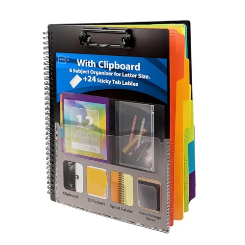 Binditek Plastic Clipboard Folio Folders, 6-Color Dividers with 1/6-Cut Tabs, 12-Pocket Project Organizer, Inner Zipper Pouch, Hardcover Storage Clipboard, Letter-Size, with Sticky Tab Lables, 1 Pack - Image 1