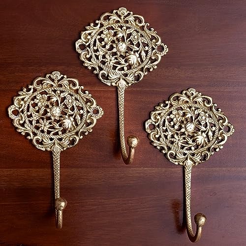 Indian-Shelf Brass Hooks for Keys to Hang Boho Wall Hooks Decorative Hooks Shabby Chic French Vintage Hooks Antique Coat Hooks Vintage Key Hooks Gold Wall Hooks 3 Pieces - Image 2