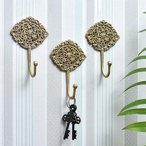 Indian-Shelf Brass Hooks for Keys to Hang Boho Wall Hooks Decorative Hooks Shabby Chic French Vintage Hooks Antique Coat Hooks Vintage Key Hooks Gold Wall Hooks 3 Pieces - Image 3