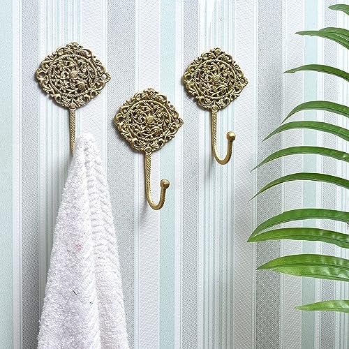 Indian-Shelf Brass Hooks for Keys to Hang Boho Wall Hooks Decorative Hooks Shabby Chic French Vintage Hooks Antique Coat Hooks Vintage Key Hooks Gold Wall Hooks 3 Pieces - Image 4