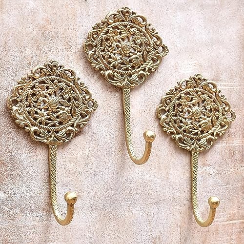 Indian-Shelf Brass Hooks for Keys to Hang Boho Wall Hooks Decorative Hooks Shabby Chic French Vintage Hooks Antique Coat Hooks Vintage Key Hooks Gold Wall Hooks 3 Pieces - Image 1
