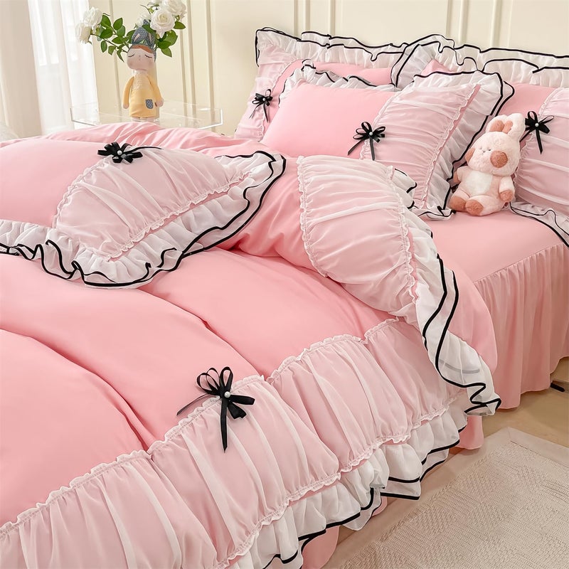 IHOUSTRIY Pink Duvet Cover Full Size Ruffle Beddding Set with Bowtie 3 Pieces Comforter Cover Set with Zipper Closure Girl Bedding with Pillowcase Light Pink Full Comforter Not Included