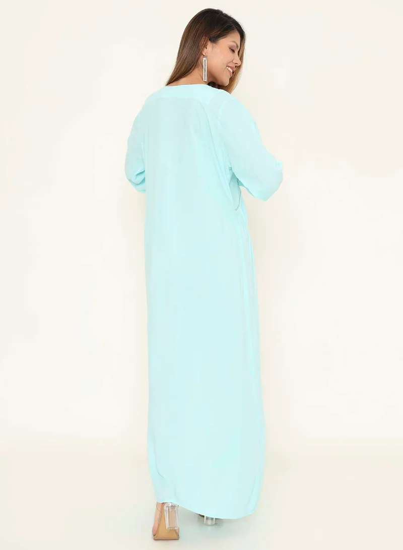 HANA & SARA Comfortable Blue Jalabiya | Floral Embroidered Arabic Maxi Dress