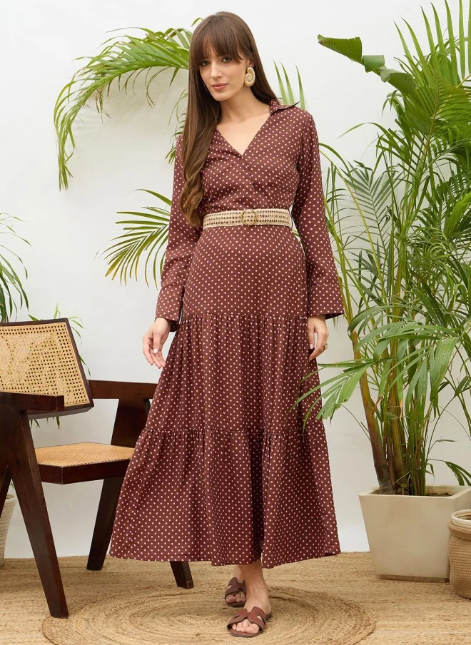 ساسافراس Brown Polka Dot Fit & Flare Maxi Dress for Women