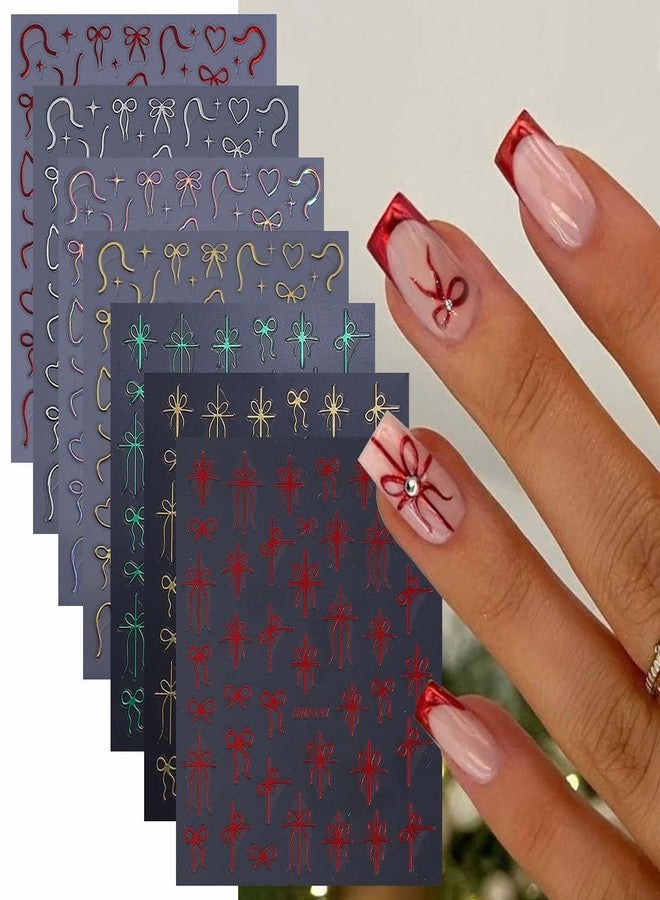 SWEET TREND Christmas Bow Nail Art Stickers: 7 Sheets Red Green Gold Colors Simple Festive Ribbon Bowknot Designs - Self Adhesive Nail Decals for DIY Manicure at Home or Salon - Image 1