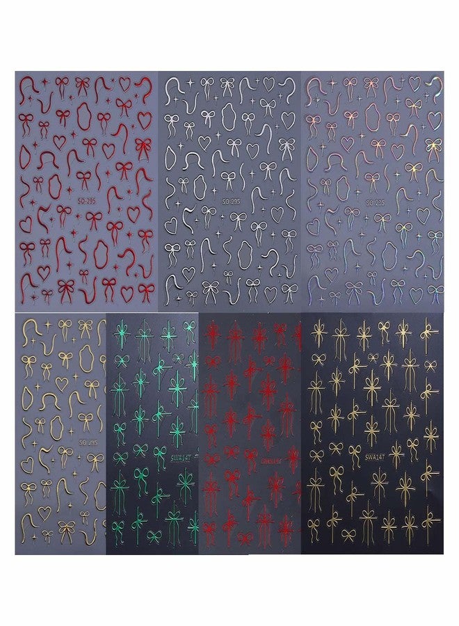 SWEET TREND Christmas Bow Nail Art Stickers: 7 Sheets Red Green Gold Colors Simple Festive Ribbon Bowknot Designs - Self Adhesive Nail Decals for DIY Manicure at Home or Salon - Image 2