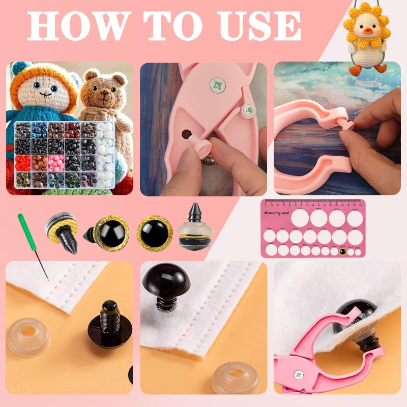BY669QFC Safety Eye Tool Kit for Amigurumi & Crochet-1150PCS 3D Glitter Safety Eyes,5-30mm Stuffed Animals Safety Eyes Doll Making Supplies,Safety Eye 10-30mm Sizer Tool,Ergonomic Design for Crafting (Pink) - Image 3
