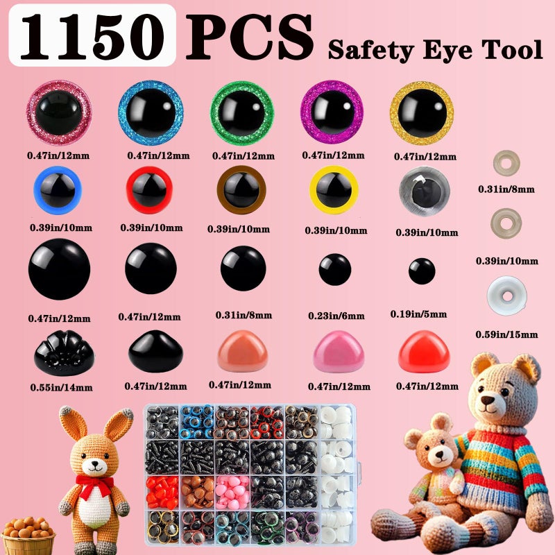 BY669QFC Safety Eye Tool Kit for Amigurumi & Crochet-1150PCS 3D Glitter Safety Eyes,5-30mm Stuffed Animals Safety Eyes Doll Making Supplies,Safety Eye 10-30mm Sizer Tool,Ergonomic Design for Crafting (Pink) - Image 2