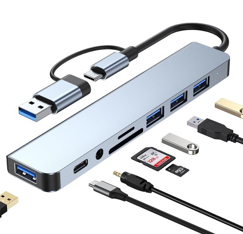vienon USB C Hub USB Hub 3.0, VIENON Aluminum 8 in 1 USB Extender with SD/TF Card Reader, 3.5mm Aux Headphone Jack for MacBook Pro Air and More PC/Laptop/Tablet Devices - Image 1