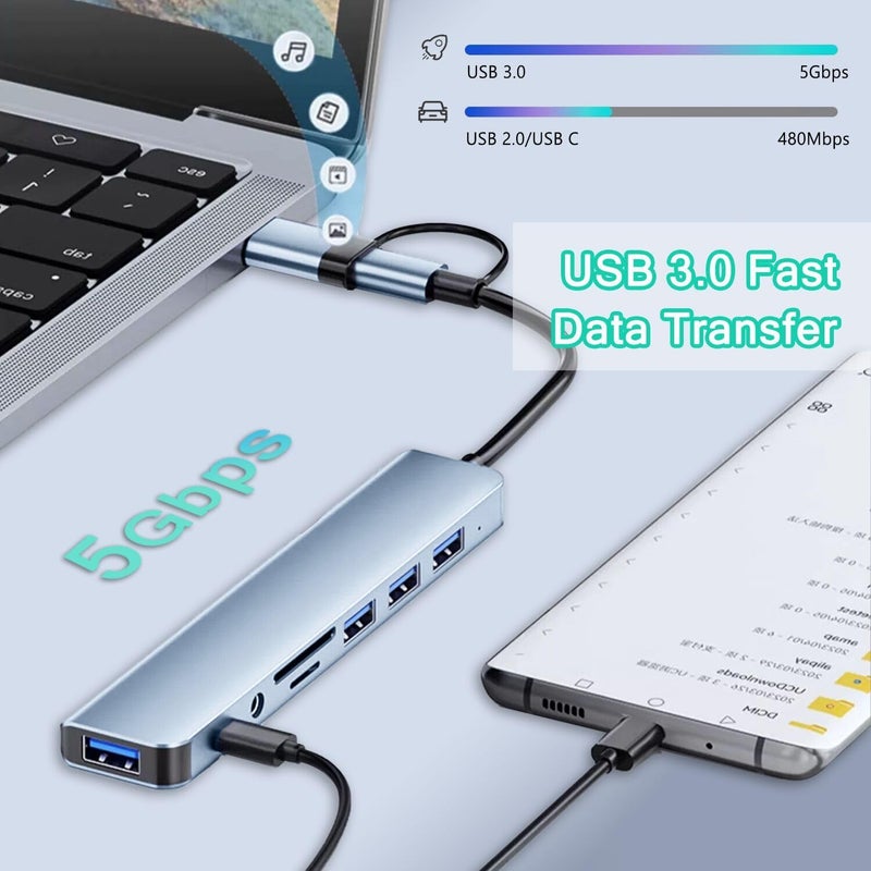 vienon USB C Hub USB Hub 3.0, VIENON Aluminum 8 in 1 USB Extender with SD/TF Card Reader, 3.5mm Aux Headphone Jack for MacBook Pro Air and More PC/Laptop/Tablet Devices - Image 3