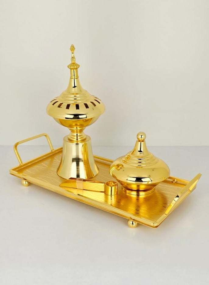 Radin Bakhoor Burner 4 Pieces Set Wedding Gift Home Decorative Design Incense Burner Golden Ash Tray Flower Antique Design Shiny and Gold Bakhoor & Incense Burner Set By Damanhoor - Image 2