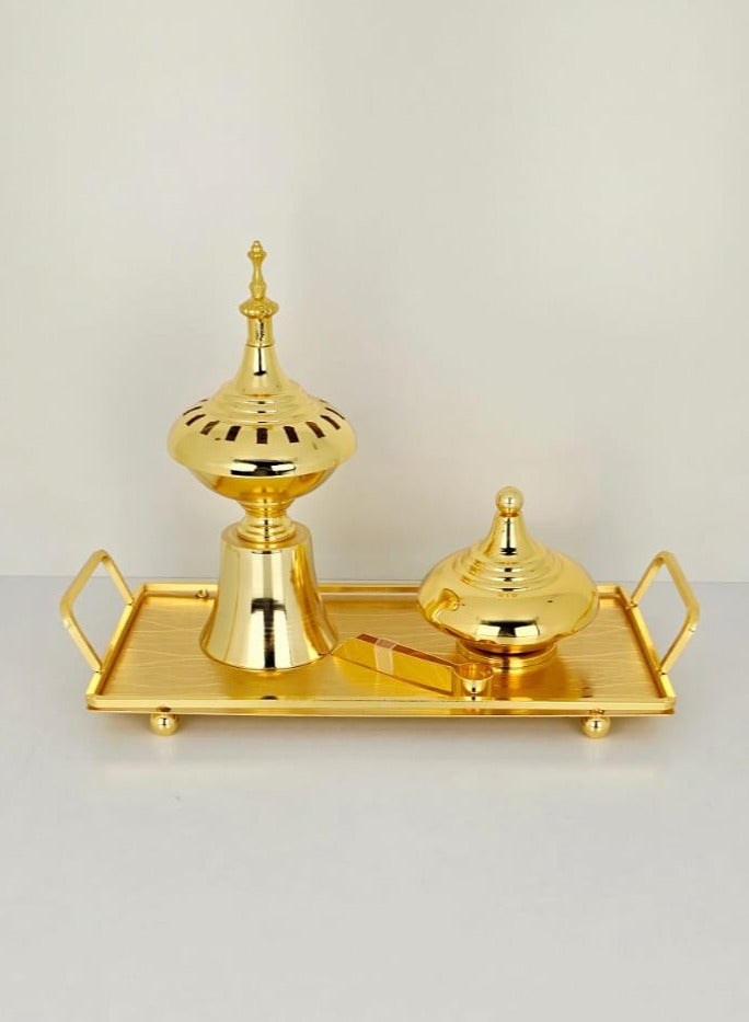 Radin Bakhoor Burner 4 Pieces Set Wedding Gift Home Decorative Design Incense Burner Golden Ash Tray Flower Antique Design Shiny and Gold Bakhoor & Incense Burner Set By Damanhoor - Image 1