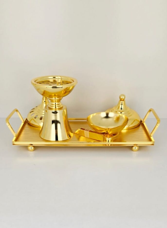 Radin Bakhoor Burner 4 Pieces Set Wedding Gift Home Decorative Design Incense Burner Golden Ash Tray Flower Antique Design Shiny and Gold Bakhoor & Incense Burner Set By Damanhoor - Image 3