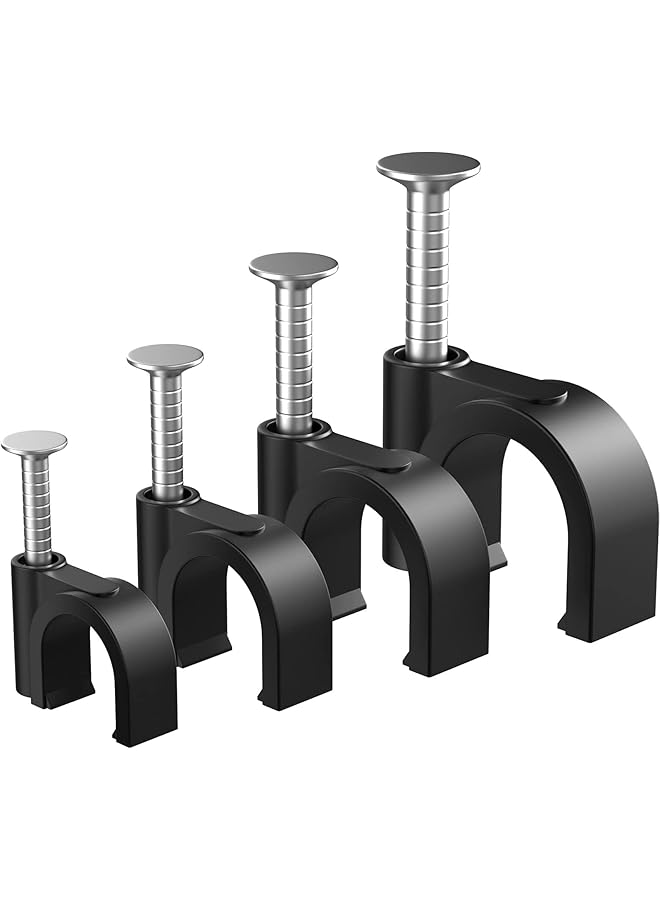 400pcs Black Cable Clips With Steel Nails - 4/6/8/10mm Wire Clamps for Cords, Ethernet, Coaxial - Tacks and Nail Clamps