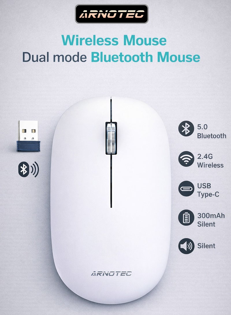 ARNOTEC ماوس لاسلكي بلوتوث و 2.4G وضع مزدوج، ماوس مريح قابل لإعادة الشحن من نوع C مع نقرات صامتة، عجلة تمرير معدنية، 3 مستويات DPI، محمول وخفيف الوزن، للابتوب/اللوحي/الكمبيوتر الشخصي/iOS/أندرويد - Image 1
