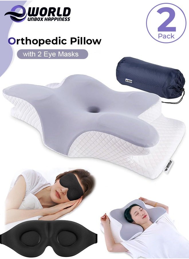Eworld Pack of 2 Memory Foam Butterfly-Shaped Cervical Pillow for Shoulder and Neck Pain Relief, Ergonomic Orthopedic Support for Side, Back, and Stomach Sleeping, Washable Cover & 2 Sleeping Eye Masks Include  - Image 1