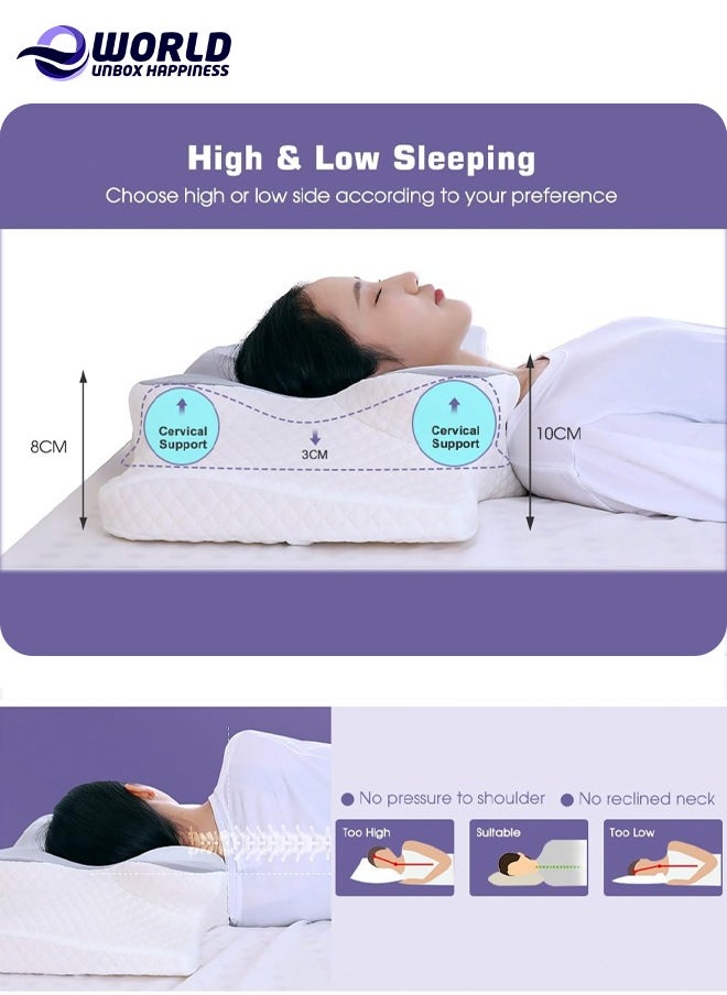 Pack of 2 Memory Foam Butterfly-Shaped Cervical Pillow for Shoulder and Neck Pain Relief, Ergonomic Orthopedic Support for Side, Back, and Stomach Sleeping, Washable Cover & 2 Sleeping Eye Masks Include