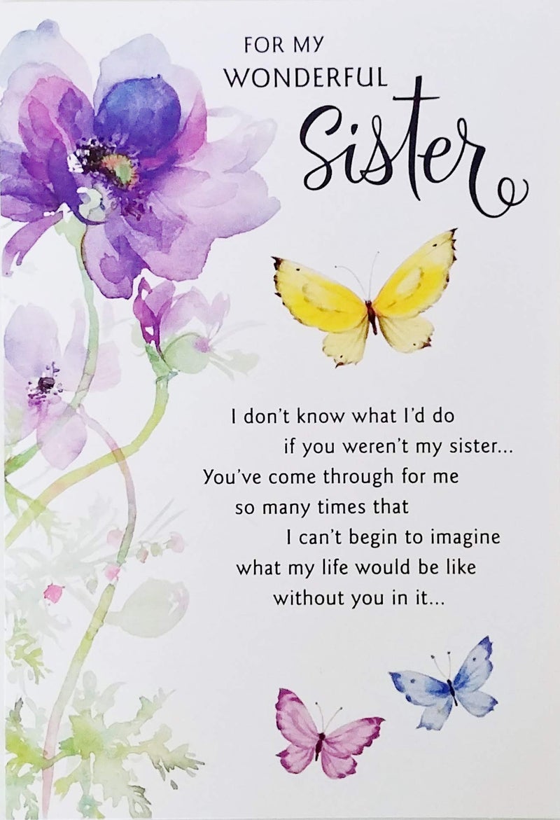 Greeting Card For My Wonderful Sister Happy Birthday with Butterflies and Purple Flowers - I Hope You Know How Much You Mean To Me and How Much I Love You - Image 1