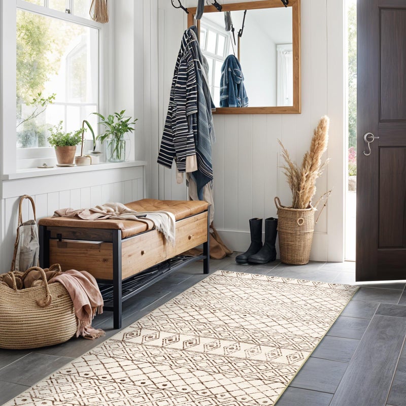 BYYVOO 2'x6' Hallway Runner Rug Washable - Non Slip Moroccan Runners Low Pile Floor Carpet with Rubber Backing Farmhouse Kitchen Mat Indoor Rugs for Front Door Living Room 2'x6' Geo Beige - Image 1