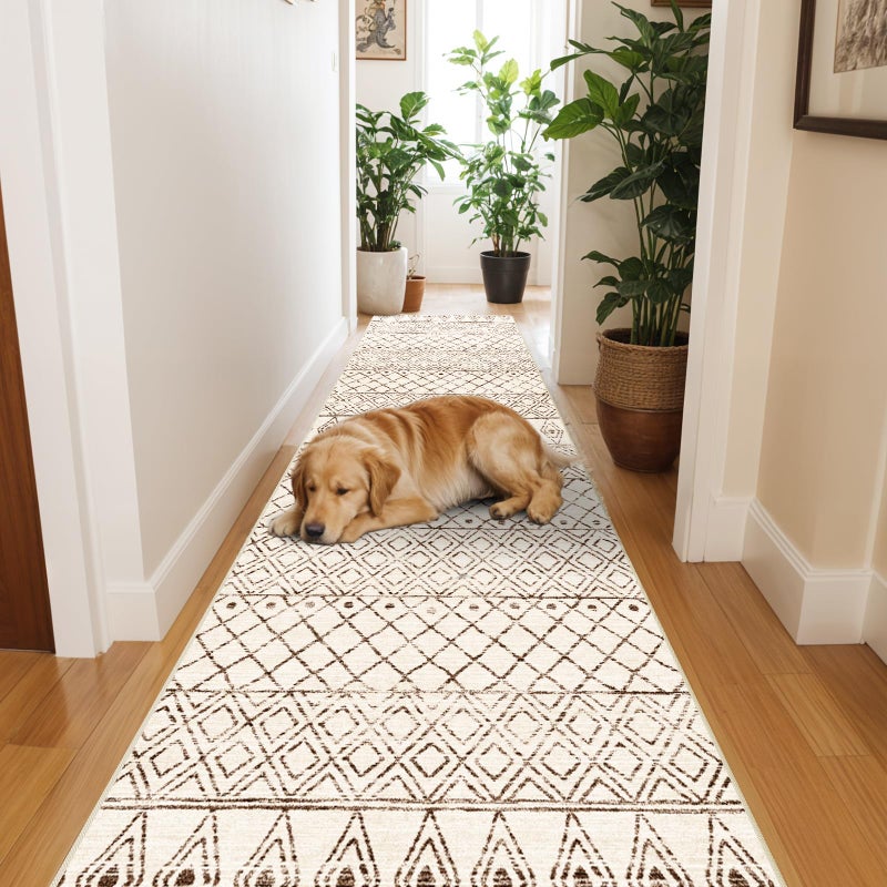 BYYVOO 2'x6' Hallway Runner Rug Washable - Non Slip Moroccan Runners Low Pile Floor Carpet with Rubber Backing Farmhouse Kitchen Mat Indoor Rugs for Front Door Living Room 2'x6' Geo Beige - Image 2
