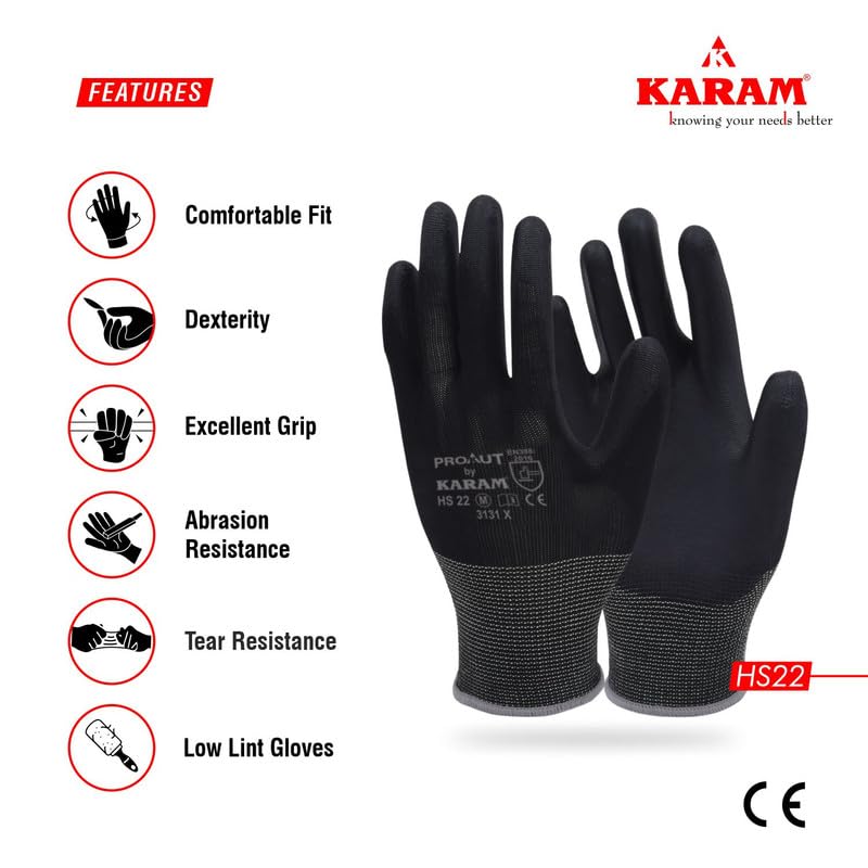 Karam HS22 Safety Gloves for Mechanical Hazards | Safety Work Gloves with Black Liner with Black PU Coating | Multipurpose Use | Cut Resistant | Abrasion, Tear & Puncture Resistant | Size-M - Image 4